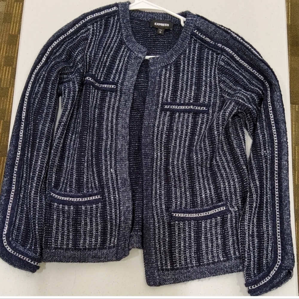 Express Blue and White Striped Knit Jacket/cardigan